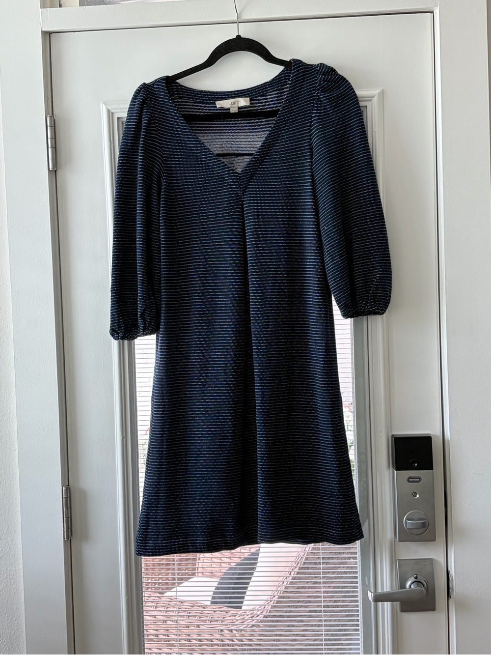 LOFT Navy and White Striped V-Neck Midi Dress